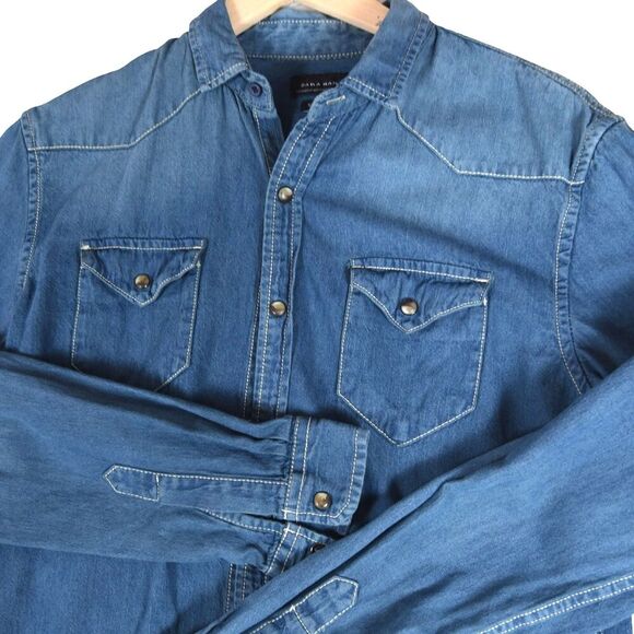Zara Man Slim Fit Western Denim Shirt Size M Snap Front Long Sleeve Blue Cowboy - Picture 1 of 7